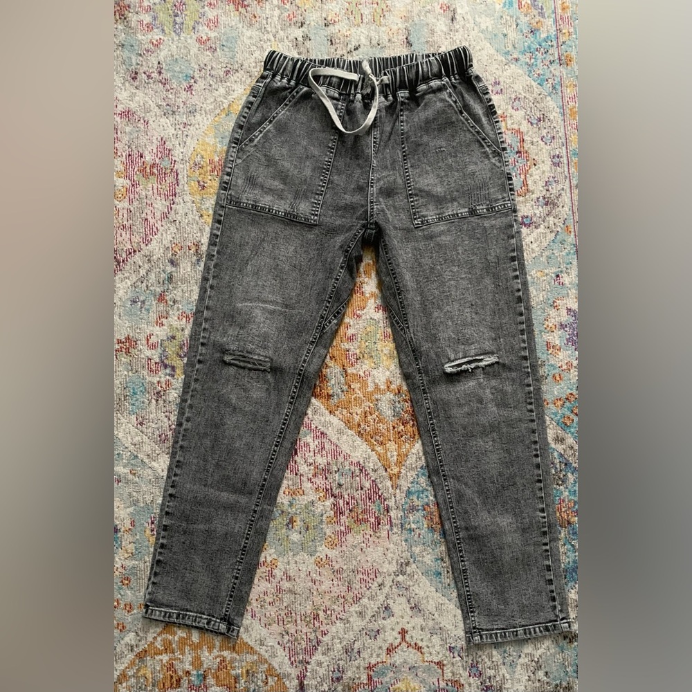 Pull on distressed dark wash jeans